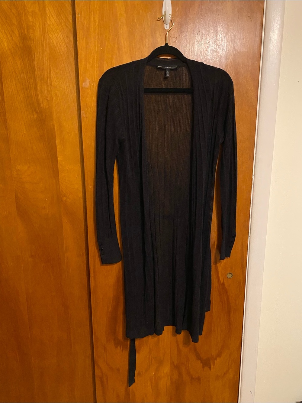 White House Black Market Black Long Open Duster Cardigan with tie belt, Lt. Knit